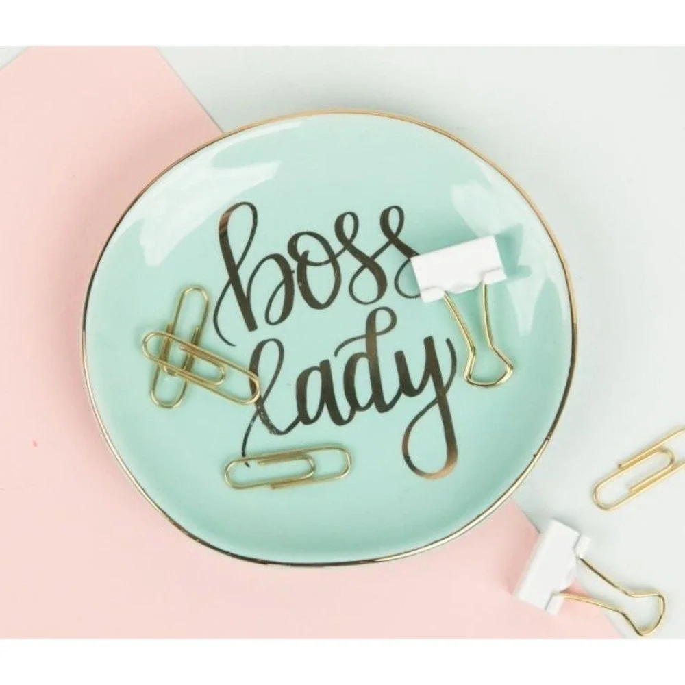 Boss Lady Jewelry Dish Trinket Mint Round Gold Ceramic Inspirational 4x4